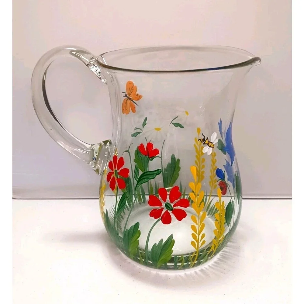 Vintage Royal Danube Hand Painted Glass Pitcher Flowers Floral Crystal Romania